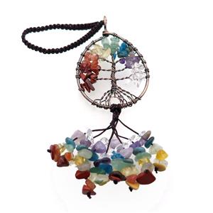 Mix Gemstone Chip Pendant Chakra Tree Of Life Antique Red, approx 40-62mm, 17cm length [GM18468]