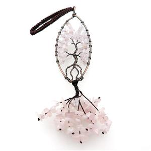 Pink Rose Quartz Chip Pendant Tree Of Life Antique Red, approx 35-90mm, 19cm length [GM18469]
