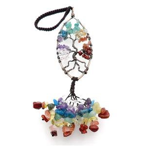 Mix Gemstone Chip Pendant Tree Of Life Chakra Antique Red, approx 35-90mm, 19cm length [GM18472]