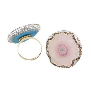 Lt.pink Quartz Druzy Copper Ring Pave Rhinestone Adjustable Gold Plated, approx 25-27mm, 18mm dia [GM18514]