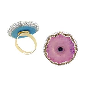 Pink Quartz Druzy Copper Ring Pave Rhinestone Adjustable Gold Plated, approx 25-27mm, 18mm dia [GM18515]