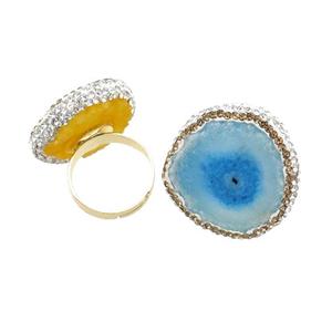 Blue Quartz Druzy Copper Ring Pave Rhinestone Adjustable Gold Plated, approx 25-27mm, 18mm dia [GM18517]
