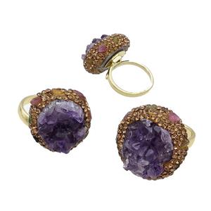 Amethyst Druzy Copper Ring Pave Rhinestone Adjustable Gold Plated, approx 22-28mm, 18mm dia [GM18520]