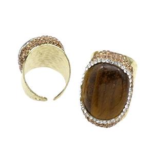 Tiger Eye Stone Copper Ring Pave Rhinestone Gold Plated, approx 20-30mm,18mm dia [GM18521]