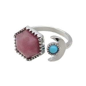 Pink Rhodonite Copper Ring Hexagon Platinum Plated, approx 9mm, 13mm, 18mm dia [GM18574]
