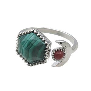 Natural Malachite Copper Ring Hexagon Platinum Plated, approx 9mm, 13mm, 18mm dia [GM18578]