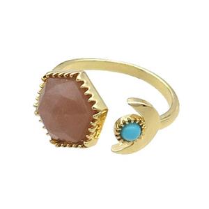 Pink Sunstone Copper Ring Hexagon Gold Plated, approx 9mm, 13mm, 18mm dia [GM18584]