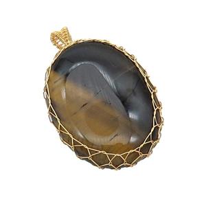 Natural Tiger Eye Stone Oval Pendant Wire Wrapped, approx 30-40mm [GM18632]