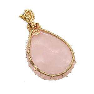 Pink Rose Quartz Teardrop Pendant Wire Wrapped, approx 30-40mm [GM18634]