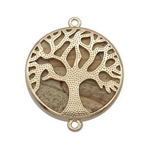 Picture Jasper Copper Connector Tree Of Life Circle Gold Plated, approx 27mm dia [GM18656]