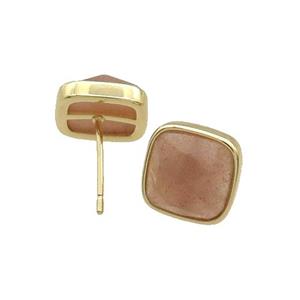 Copper Stud Earring Pave Peach Moonstoe Square Gold Plated, approx 10mm [GM18719]