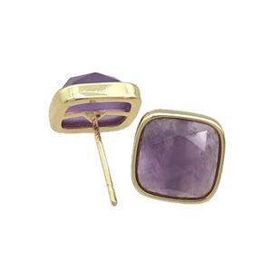 Copper Stud Earring Pave Purple Amethyst Square Gold Plated, approx 10mm [GM18720]