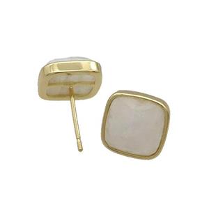 Copper Stud Earring Pave White Moonstone Square Gold Plated, approx 10mm [GM18723]