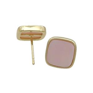 Copper Stud Earring Pave Pink Shell Square Gold Plated, approx 10mm [GM18727]
