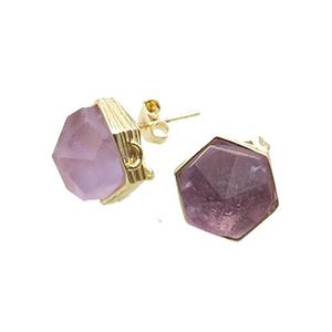 Purple Amethyst Hexagon Stud Earring Copper Gold Plated, approx 10mm [GM18841]