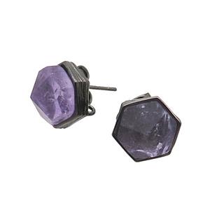 Purple Amethyst Hexagon Stud Earring Copper Black Plated, approx 10mm [GM18844]