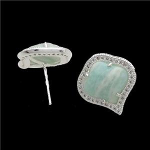 Amazonite Stud Earring Copper Pave Zircon Silver Plated, approx 18mm [GM18911]