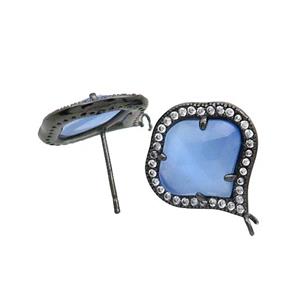Blue Cat Eye Glass Stud Earring Copper Pave Zircon With Loop Black Plated, approx 18mm [GM18917]