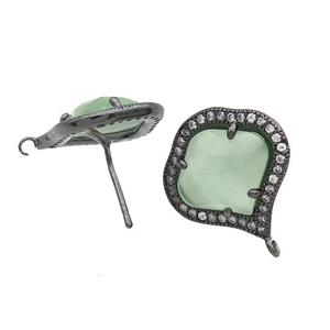 Lt.Green Cat Eye Glass Stud Earring Copper Pave Zircon With Loop Black Plated, approx 18mm [GM18919]