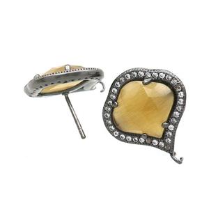 Yellow Cat Eye Glass Stud Earring Copper Pave Zircon With Loop Black Plated, approx 18mm [GM18921]