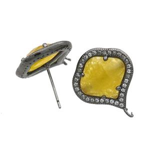 Gold Jade Stud Earring Copper Pave Zircon With Loop Black Plated, approx 18mm [GM18922]