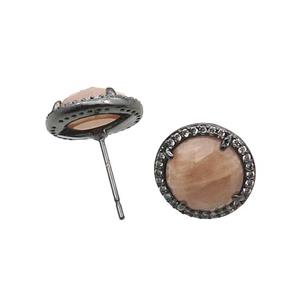 Peach Sunstone Stud Earring Copper Pave Zircon Circle Black Plated, approx 13mm [GM18943]
