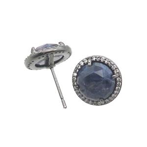 Blue Sodalite Stud Earring Copper Pave Zircon Circle Black Plated, approx 13mm [GM18944]