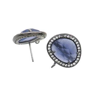 Blue Jade Stud Earring Copper Pave Zircon With Loop Black Plated, approx 15-18mm [GM18949]