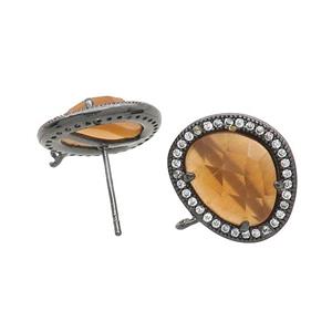Orange Cat Eye Glass Stud Earring Copper Pave Zircon With Loop Black Plated, approx 15-18mm [GM18952]