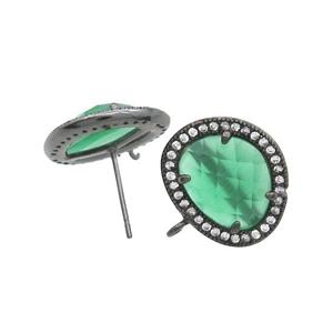Green Jade Stud Earring Copper Pave Zircon With Loop Black Plated, approx 15-18mm [GM18953]