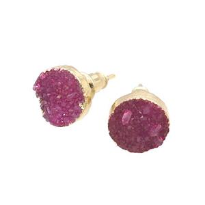 Pink Agate Druzy Stud Earring Circle Dye Gold Plated, approx 8mm [GM19122]
