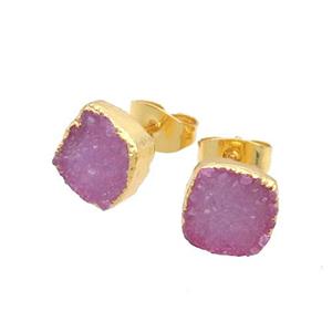Pink Agate Druzy Stud Earring Square Dye Gold Plated, approx 8mm [GM19123]