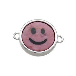 Pink Rhodonite Emoji Connector Smileface Circle Platinum Plated, approx 15mm dia [GM19131]