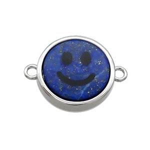 Blue Lapis Lazuli Emoji Connector Smileface Circle Platinum Plated, approx 15mm dia [GM19132]