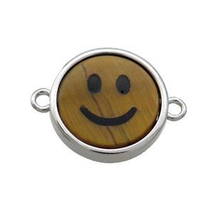 Tiger Eye Stone Emoji Connector Smileface Circle Platinum Plated, approx 15mm dia [GM19133]