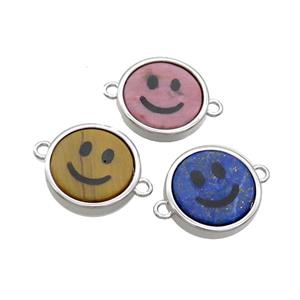 Mix Gemstone Emoji Connector Smileface Circle Platinum Plated, approx 15mm dia [GM19134]