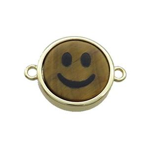 Tiger Eye Stone Emoji Connector Smileface Circle Gold Plated, approx 15mm dia [GM19144]