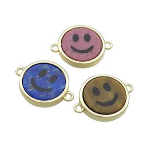 Mix Gemstone Emoji Connector Smileface Circle Gold Plated, approx 15mm dia [GM19145]
