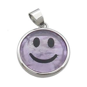 Purple Amethyst Emoji Pendant Smileface Circle Platinum Plated, approx 18mm dia [GM19148]