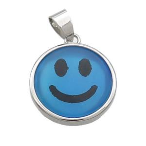 Blue Dye Agate Emoji Pendant Smileface Circle Platinum Plated, approx 18mm dia [GM19151]