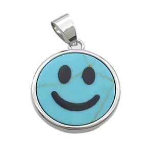 Blue Dye Turquoise Emoji Pendant Smileface Circle Platinum Plated, approx 18mm dia [GM19152]