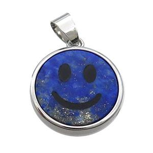 Blue Lapis Lazuli Emoji Pendant Smileface Circle Platinum Plated, approx 18mm dia [GM19154]