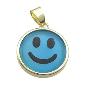 Ble Dye Agate Emoji Pendant Smileface Circle Gold Plated, approx 18mm dia [GM19160]