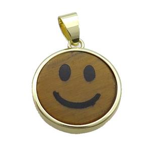 Tiger Eye Stone Emoji Pendant Smileface Circle Gold Plated, approx 18mm dia [GM19166]