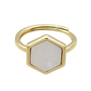 Copper Ring Pave White Pearlized Shell Hexagon Adjustable Gold Plated, approx 12-14mm, 18mm dia [GM19205]
