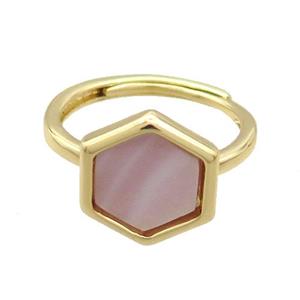 Copper Ring Pave Pink Queen Shell Hexagon Adjustable Gold Plated, approx 12-14mm, 18mm dia [GM19206]