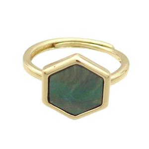 Copper Ring Pave Gray Abalone Shell Hexagon Adjustable Gold Plated, approx 12-14mm, 18mm dia [GM19207]