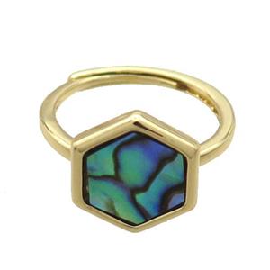 Copper Ring Pave Abalone Shell Hexagon Adjustable Gold Plated, approx 12-14mm, 18mm dia [GM19208]