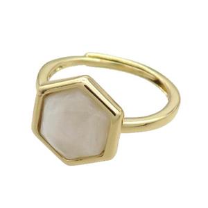 White Moonstone Copper Ring Hexagon Adjustable Gold Plated, approx 12-14mm, 18mm dia [GM19210]
