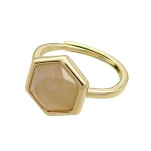 Rose Quartz Copper Ring Hexagon Adjustable Gold Plated, approx 12-14mm, 18mm dia [GM19211]